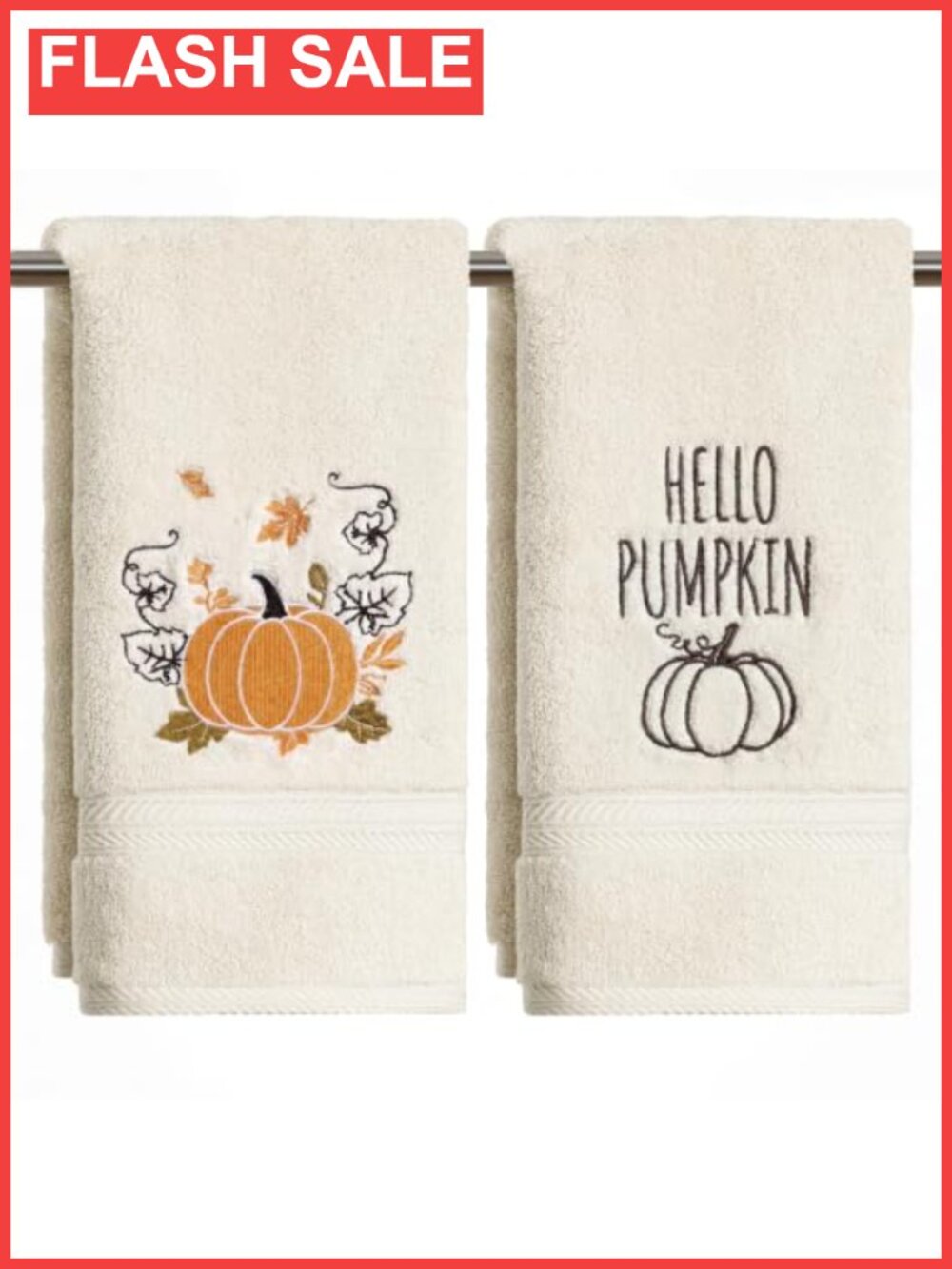 2 Pc Cotton Embroidered Hand Towels Fall Pumpkin Bathroom Gym